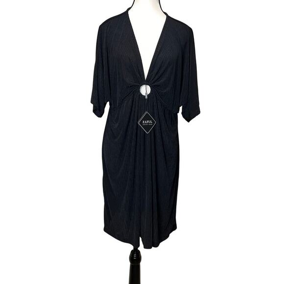 Zaful Swim Cover Up Ribbed Black V-Neck O-Ring Short Sleeve New w/Tags Size L - Picture 1 of 10